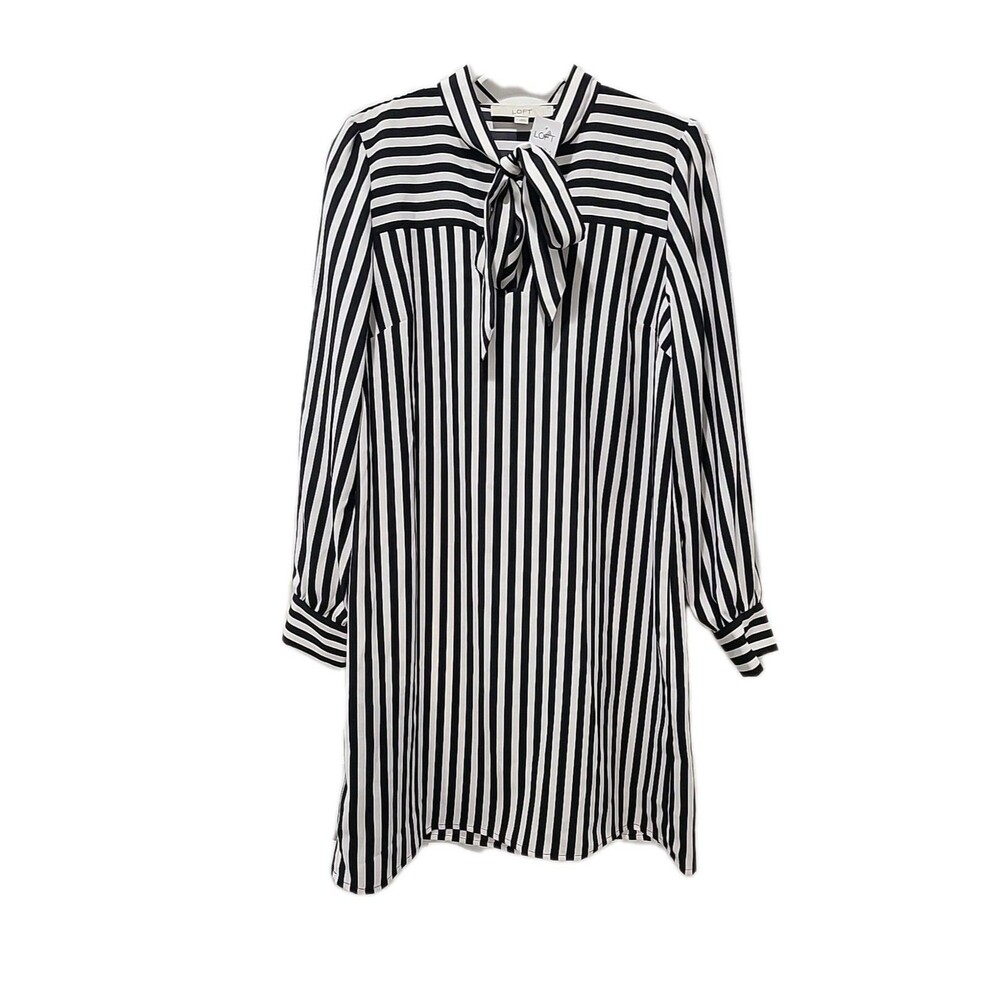 NWT Ann Taylor LOFT Striped Black White Sleeveless Neck Tie Crepe Sheath Dress S